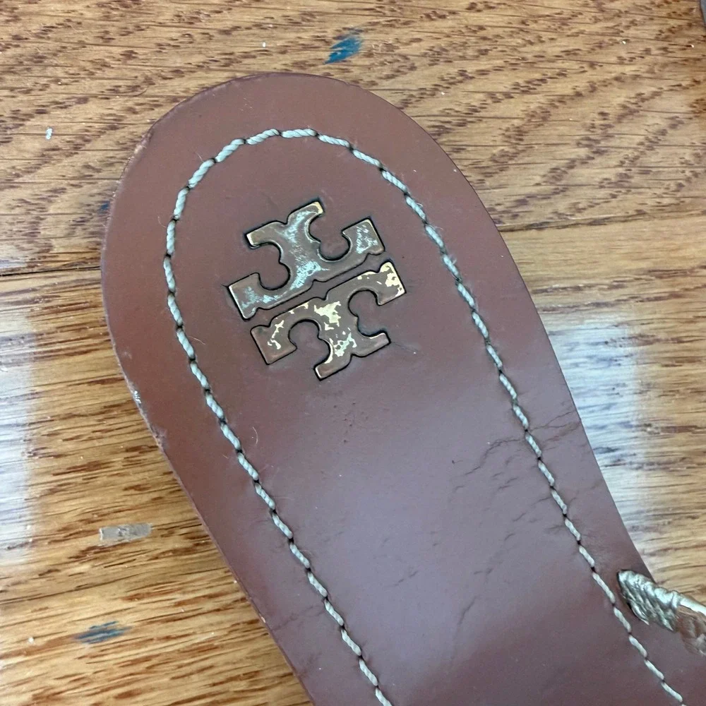 Tory Burch Metallic Gold Strappy Leather Toe Loop Slide Sandals 9.5M